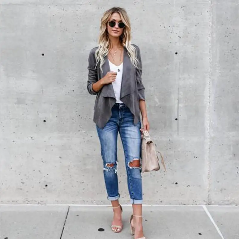 Женский кардиган из искусственной замши однотонное пальто с лацканами короткая