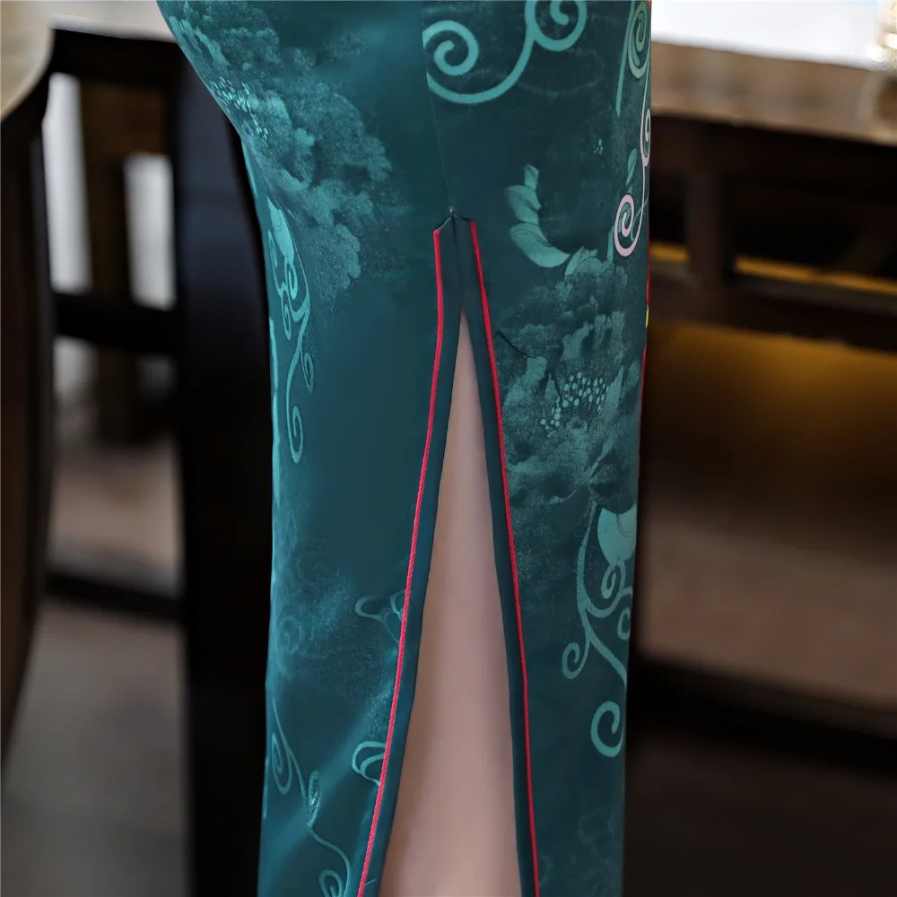 Шанхай история искусственного шелка Qipao Платье длинное Cheongsam национальный тренд платья короткий рукав тонкий Традиционный китайский платье для женщин