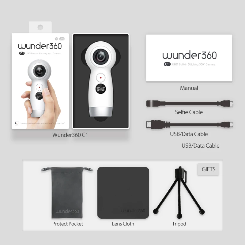 Wunder360 панорама Камера Беспроводной WI FI Sphere Fisheye Dual объектив 4 К действие видео