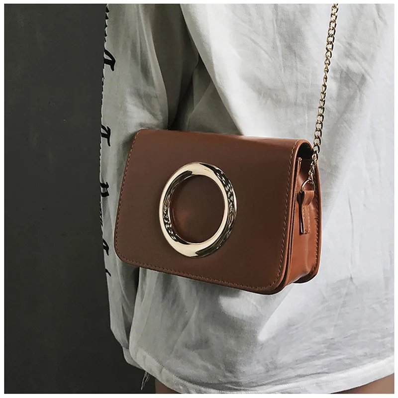 

PU Chain Shoulder Bag 2019 New Fashion Women's Bags Gold Big Circle Retro Solid Color Simple Small Square Bag Clear Purse LW317