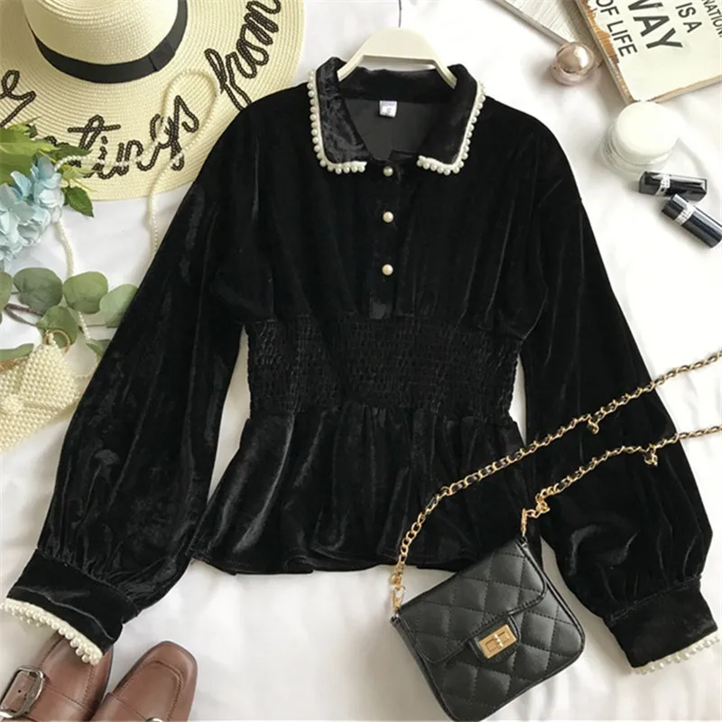 black blouse Korobov Осенняя Женская Новинка, рубашки с длинным рукавом, отложной воротник, бисероплетение, блуза на пуговицах, тонкая однотонная женская блузка 76370 - Цвет: black blouse