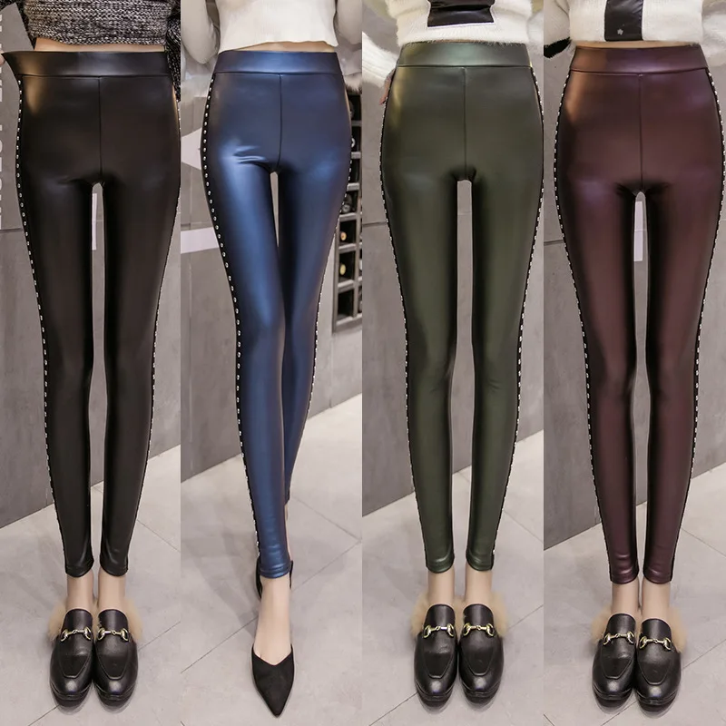 CHSDCSI Women Faux Leather Black Leggings PU Leather Thick Warm Female Velvet Leggings Slim Pant Ladies Sexy Trousers High Waist