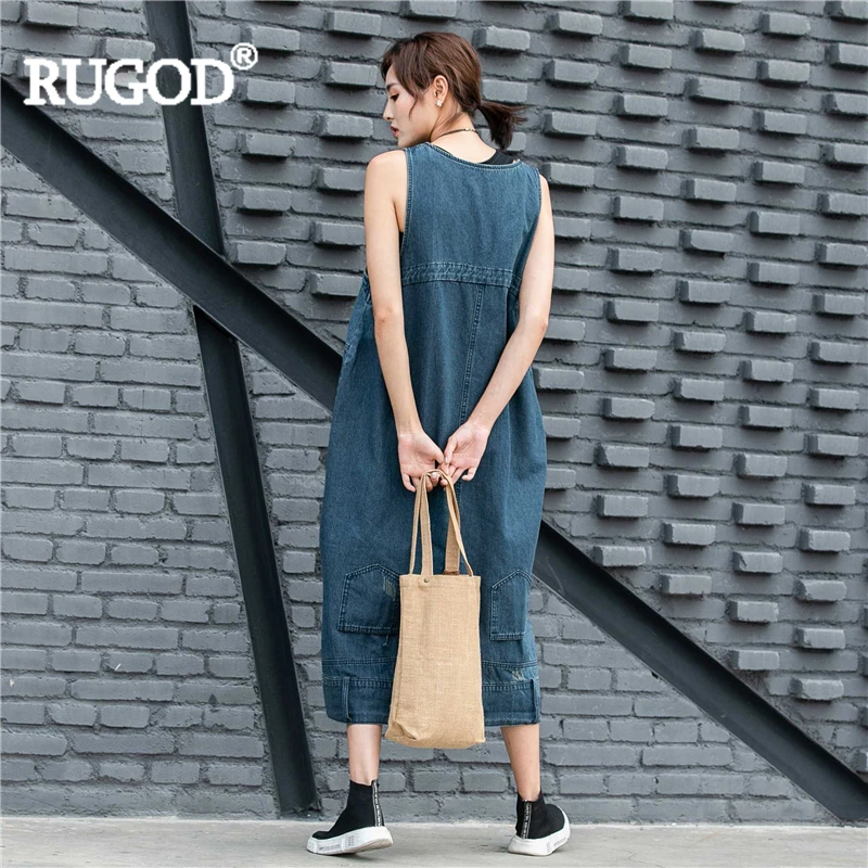 RUGOD, макси джинсовое платье для женщин, сплошное, с отверстиями, на тонких бретелях, с v-образным вырезом, свободное платье размера плюс, длинное платье, новая мода для женщин
