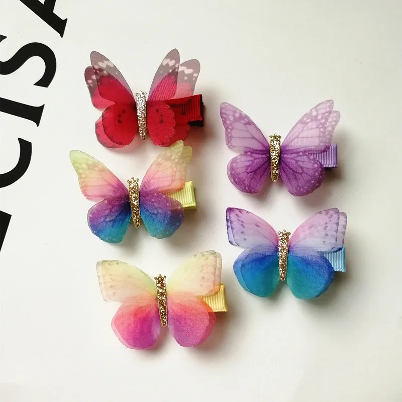 Clips de mariposa para niña, accesorio para el cabello de gasa Multicolor, pinzas para el pelo, pasador Floral, 3 unids/lote