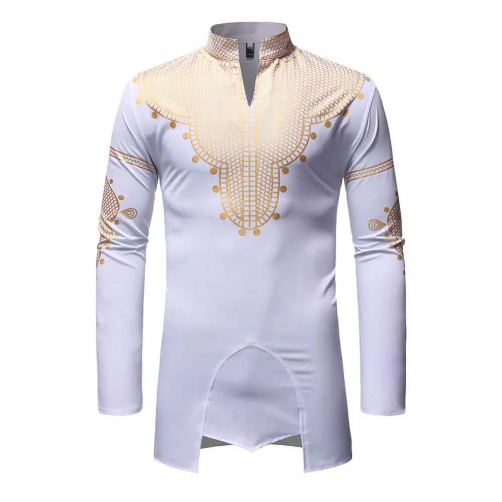 White SUNGIFT африканская Дашики традиционный Мужской Топ с длинным рукавом стоячий воротник горячая штамповка Мужская рубашка в африканском стиле Новое поступление одежды - Цвет: White