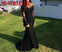 2019 sexy arabic jewel neck illusion lace appliques crystal beaded black mermaid long sleeves formal party dress prom gowns