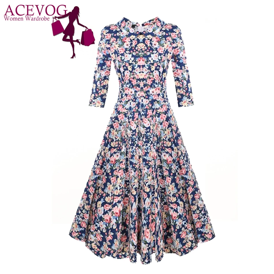 Женское платье с рукавом 3/4 ACEVOG элегантное винтажное рокабилли и цветочным