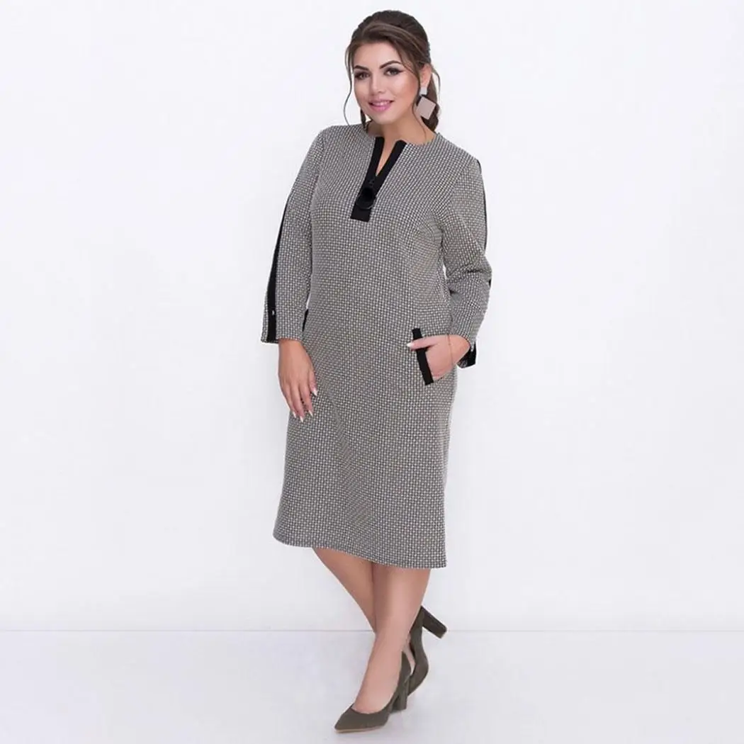 Женское модное клетчатое платье с круглым вырезом и длинными рукавами в стиле