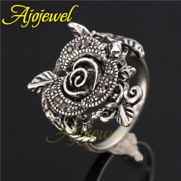 Ajojewel Новый Винтажный Черный Кристалл Стразы Цветок женское Ювелирное кольцо