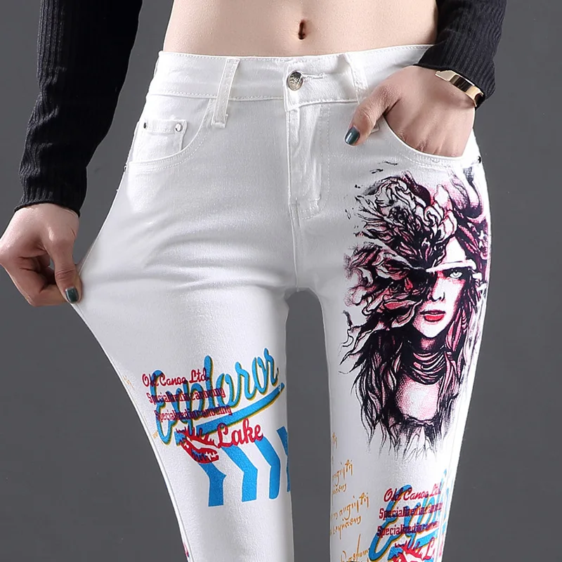 ORINERY 2019 новые летние стильные белые джинсы женские модные узкие с принтом