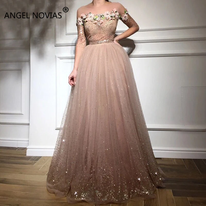 

ANGEL NOVIAS Long Champagne Glitter Abendkleider Arabic Oman Evening Dress 2018 with Sleeves Avondjurk