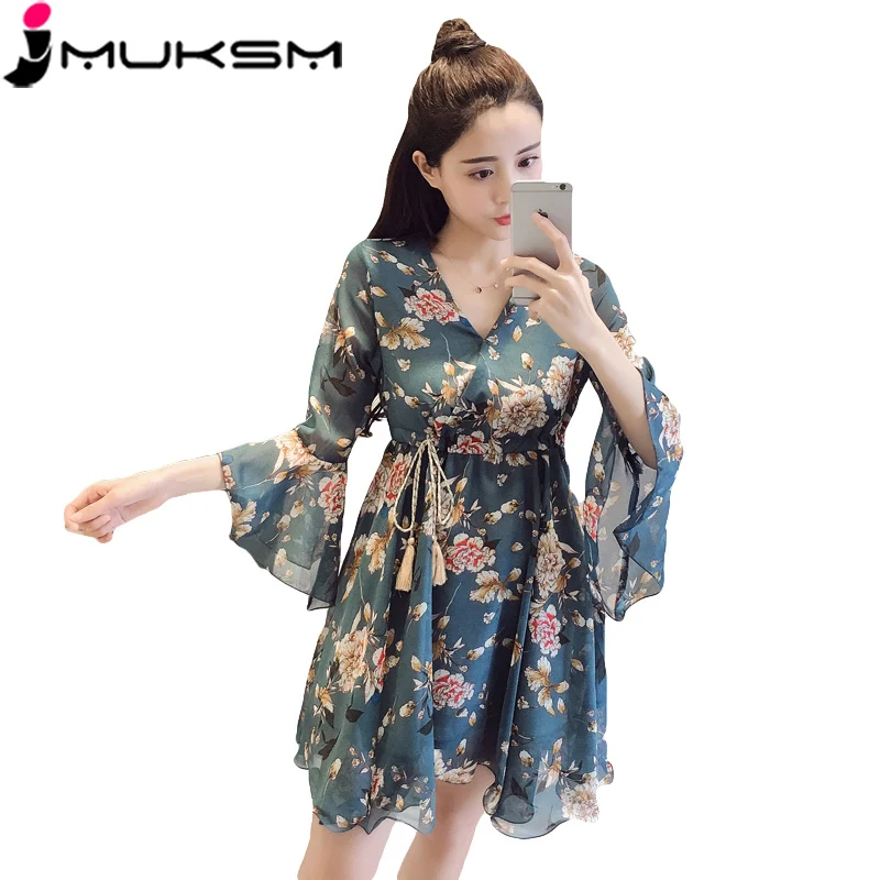 Милое шифоновое платье с принтом короткие женские платья V образным вырезом и