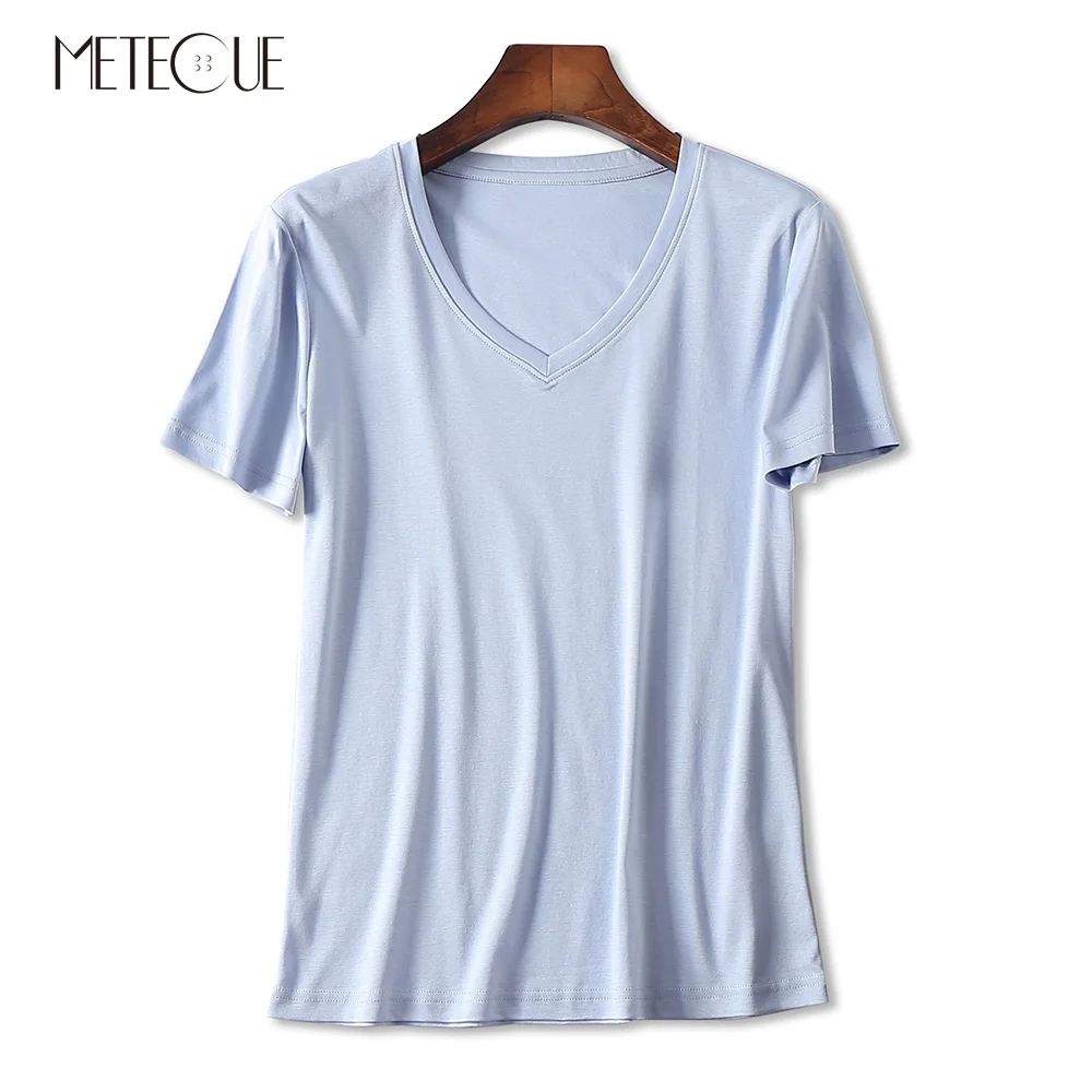 

Casual 100% Double-sided Mercerized Cotton Tee Shirts Women T shirt Brief V Neck Short Sleeve Slim TShirt Women Tops Summer 2018