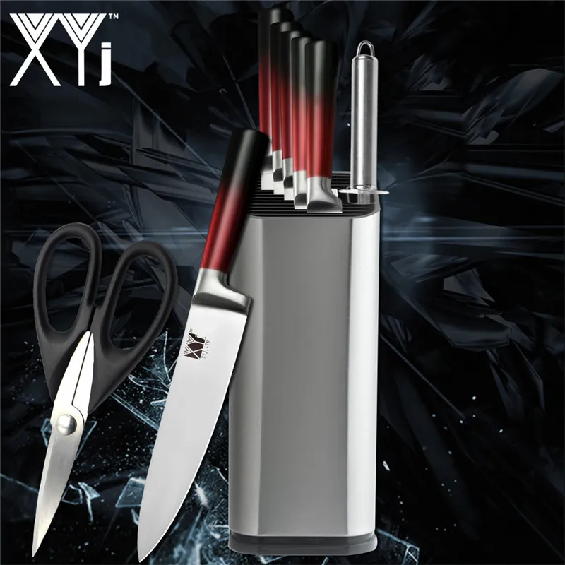 9PCS SET XYj набор кухонных ножей шеф-повара градиентная красная черная ручка интегрированный дизайн ножей 8 ''подставка для ножей Кухонные гаджеты - Цвет: 9PCS SET