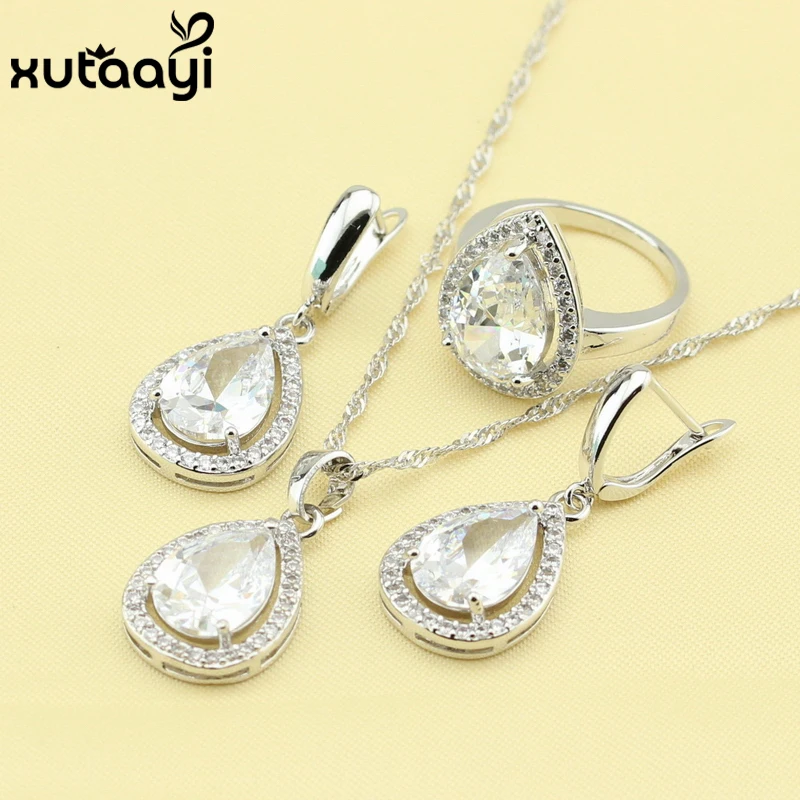 Хит продаж капли воды белый фианит серебряный Свадебный комплект ювелирных