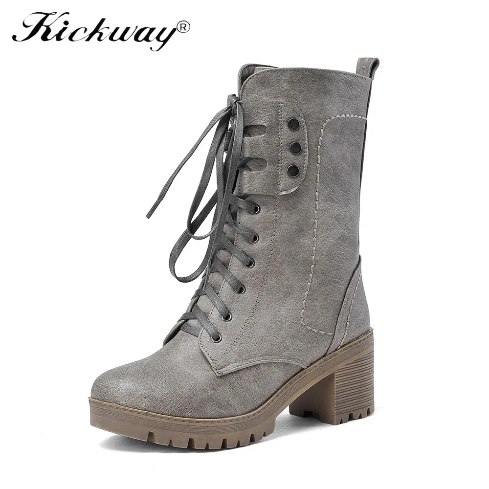 Grey Kickway/Большие размеры 34-43; зимние сапоги; женская обувь из искусственной кожи; зимние сапоги до середины икры; женские сапоги; теплая плюшевая зимняя обувь - Цвет: Grey