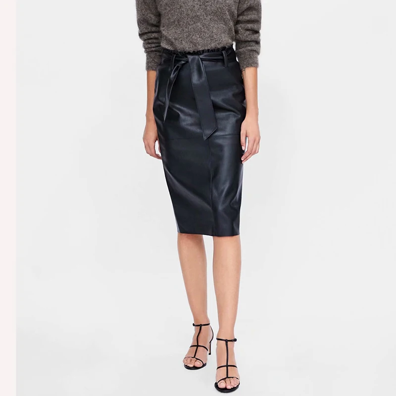 Heydress/ Осенняя винтажная юбка из искусственной кожи с бантом и поясом, с оборкой, с высокой посадкой, на молнии сзади, юбки, повседневные Faldas Mujer