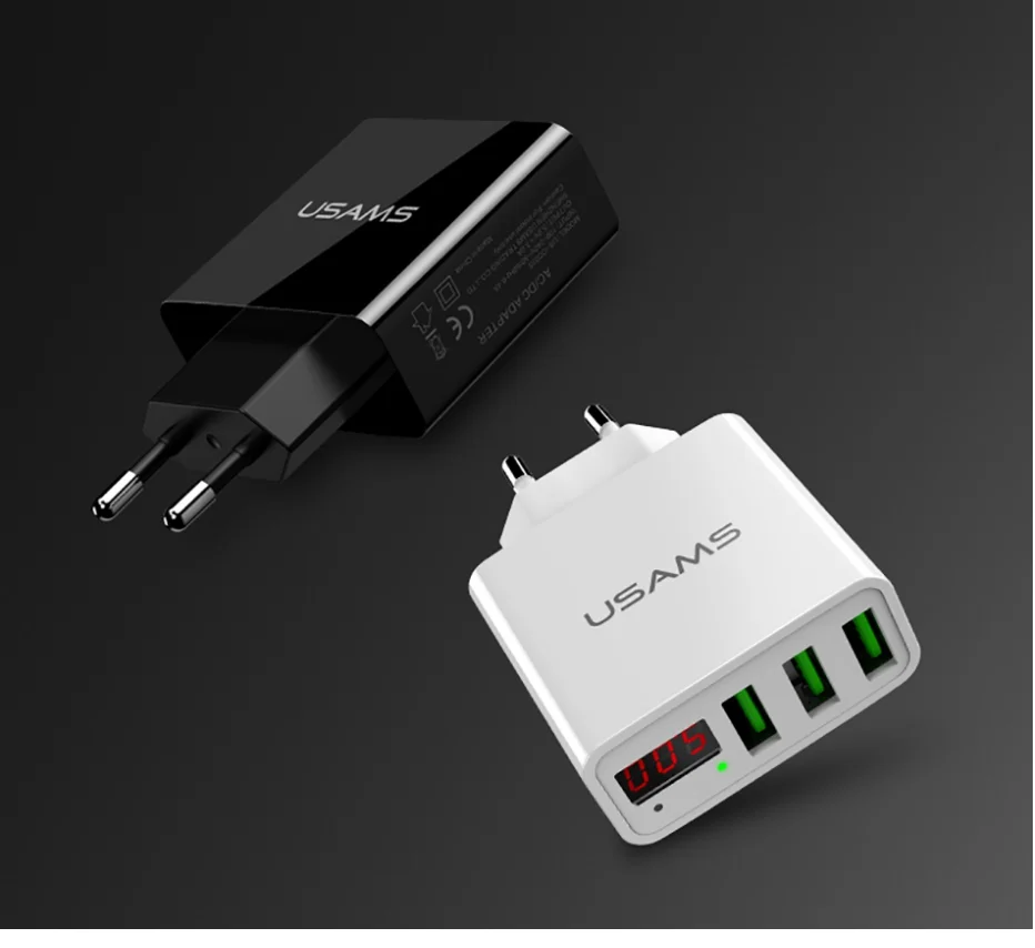 USAMS Марка ЕС Plug Led Дисплей стене телефон Зарядное устройство 3 Порты и разъёмы USB 2.4a