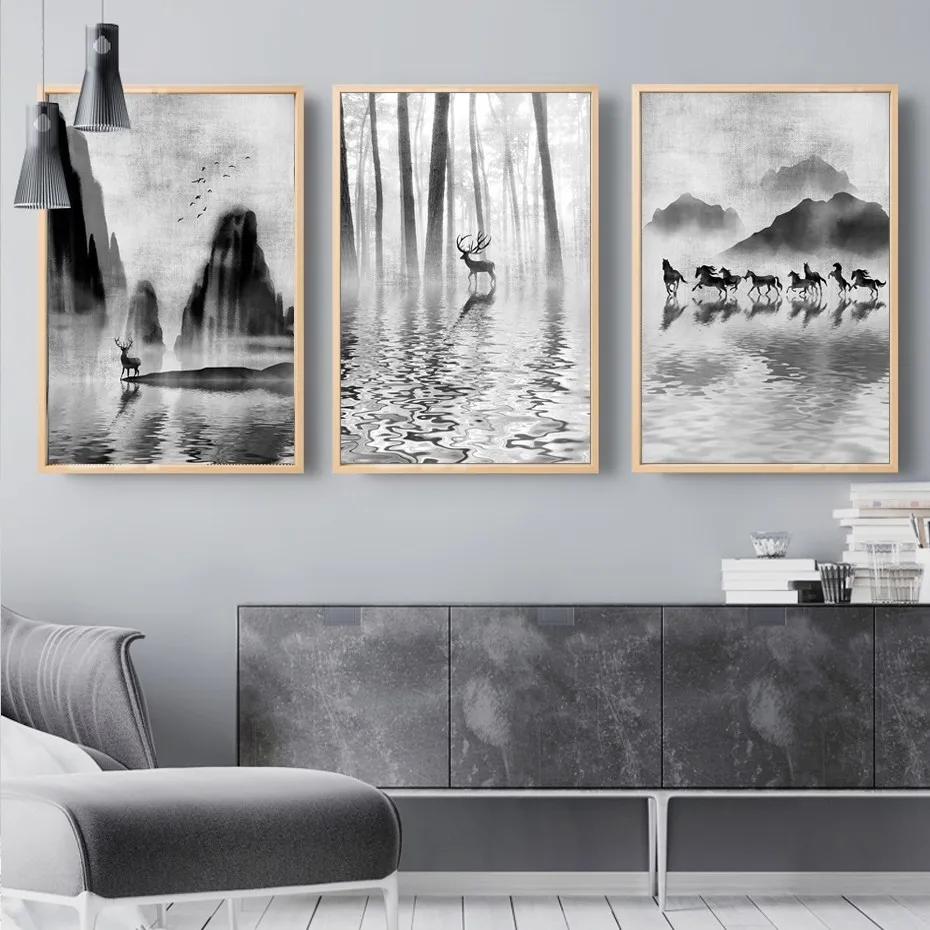 Абстрактная черно белая Картина на холсте с оленем в лесу скандинавский постер