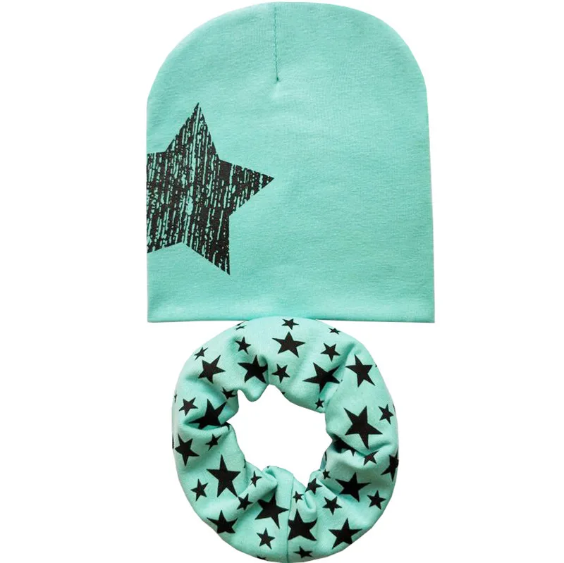 Stars green 1 комплект, осенне-зимняя хлопковая шапка для малышей, шапка для мальчиков и девочек, детские вязаные шапки, шапки для младенцев, шарф с воротником, детская шапка s, gorros infantiles invierno - Цвет: Stars green