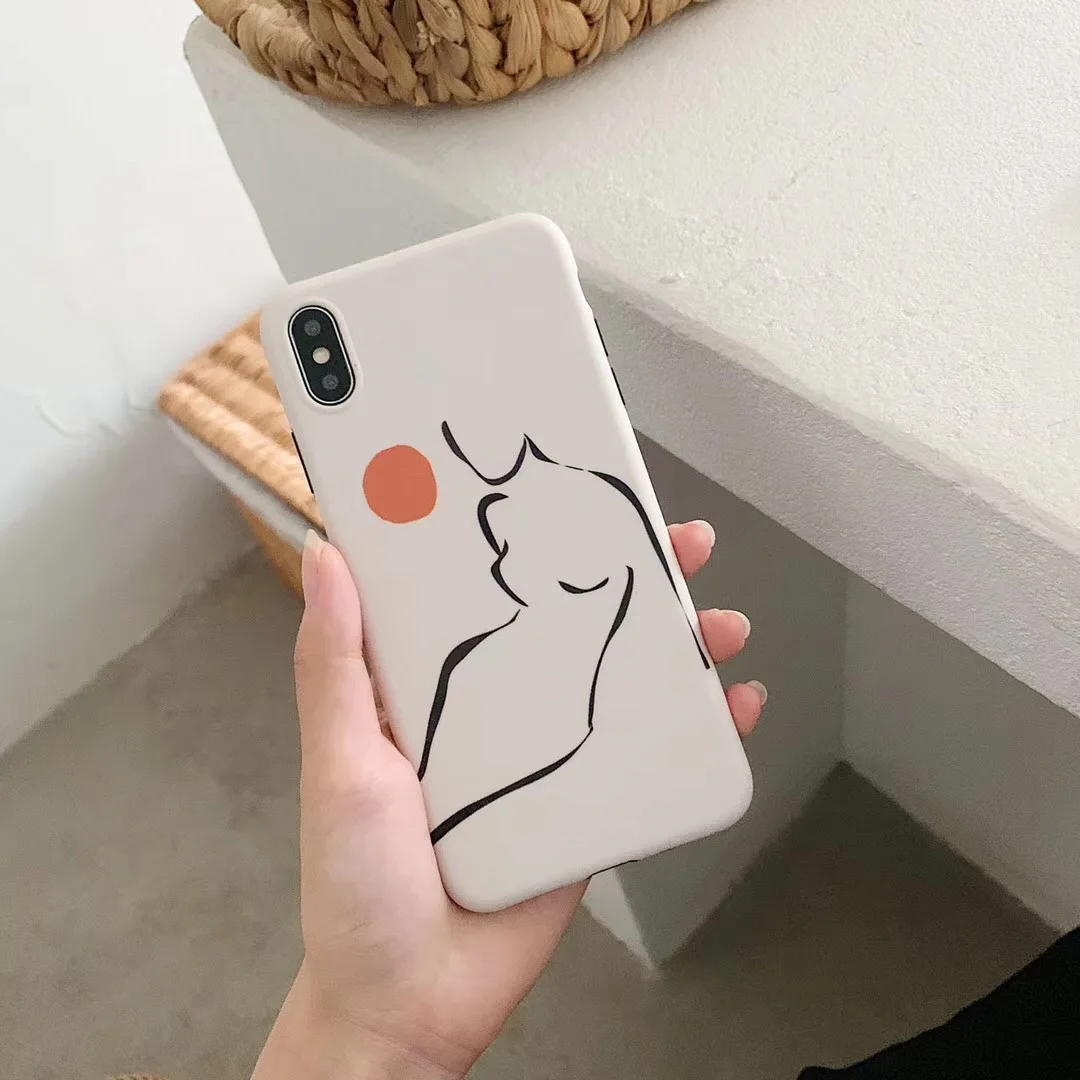 INS simple red sun line art girl design phone case For iphone Xs MAX XR X 6 6s 7 8 plus fashion vintage silicone back cover Capa |