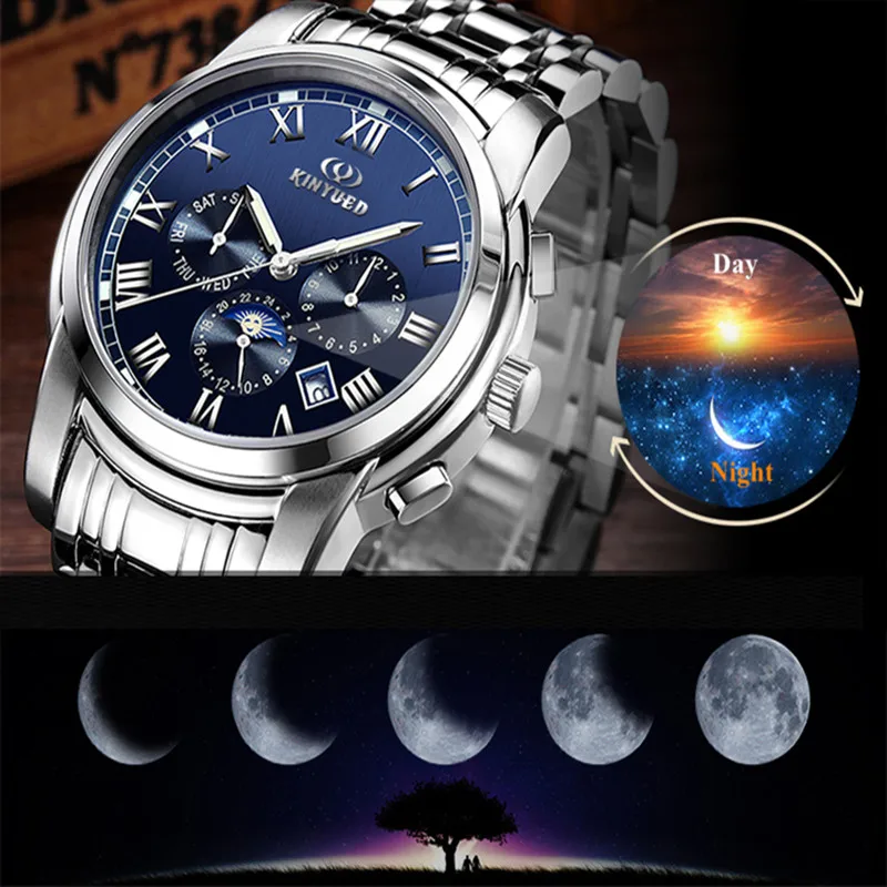 Механические Мужские часы KINYUED Moon Phase Tourbillon от ведущего бренда Роскошные