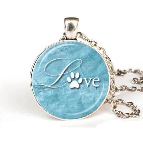 

Steampunk LOVE PAW PRINT pendant Love Animals Pendant necklaces Aqua Blue and White Paw Print Animal Lover Necklace Jewelry Gift