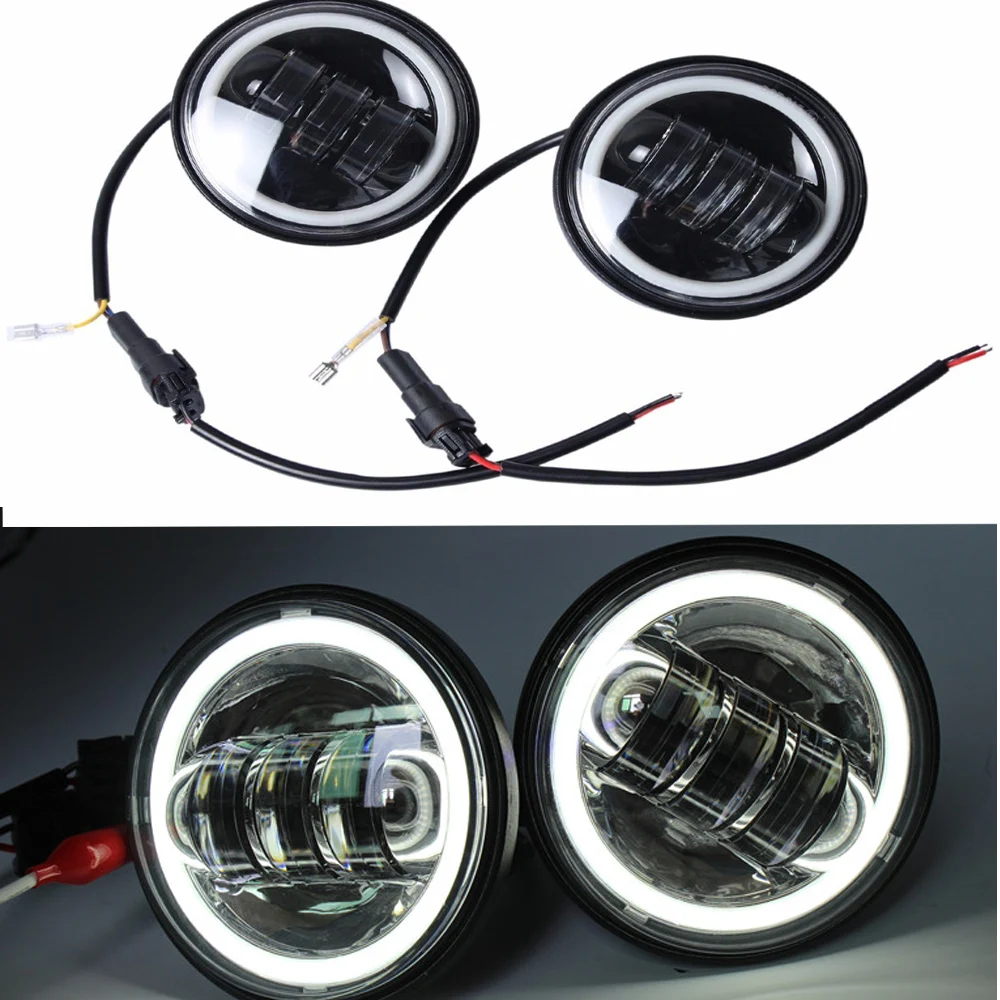 DOT 2PCS Chrome Black Motorcycle Headlight Front 4.5 Inch Passing Fog Light Universal 12V With Halo Ring Moto Driving |