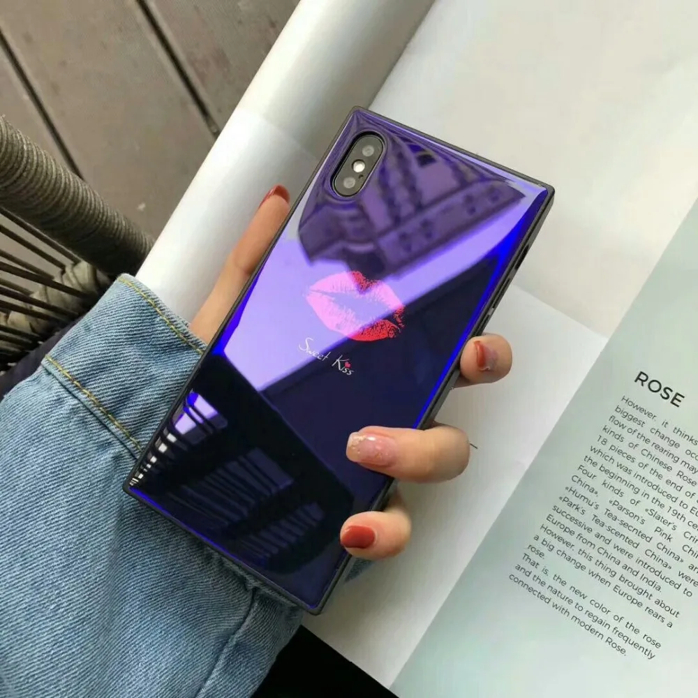 Чехол для iPhone 11 Pro Max Xr XS Max, квадратный чехол Blue Ray из закаленного стекла, сексуальный чехол с красными губами для iPhone X Xs 6 6S 7 8 Plus, чехол