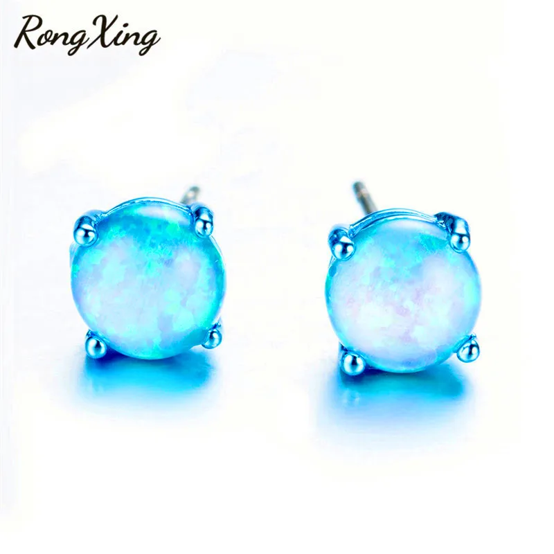 RongXing Vintage Punk Blue Gold Filled Fire Opal Stud Earrings For Women Men Fashion Jewelry Halloween Earring Gift Ear0695 | Украшения и