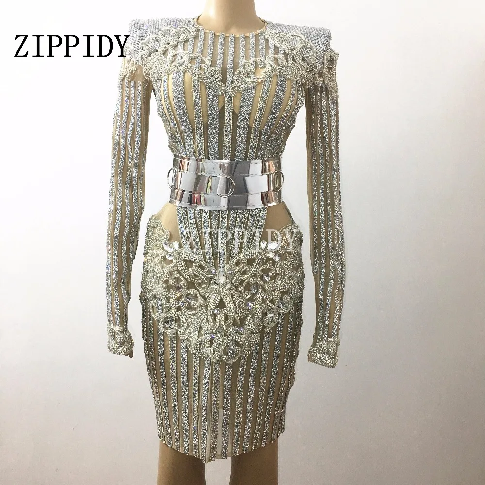 Стиль Роскошные блестящие пояс с кристаллами платье Bling серебряные стразы Для женщин костюм День Рождения Праздновать певица этап одежда платья