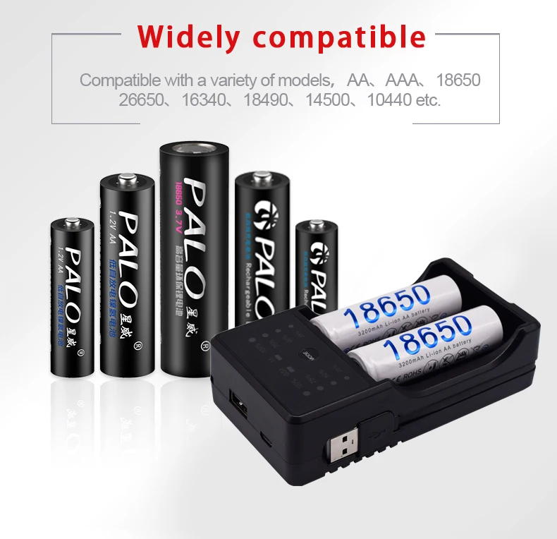 PALO 3,7 V 18650 26650 16340 14500 10440 18500 AA AAA зарядное устройство+ 2 шт 18650 литий-ионная аккумуляторная батарея для фонарей