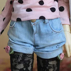Denim shorts Одежда для куклы Cateleya Bjd розовый черный пятнистый кружевной топ+ джинсовые шорты+ черные кружевные носки или синие и белые полосатые носки - Цвет: Denim shorts