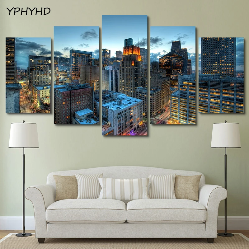 YPHYHD Печатный HD 5 шт Houston Texas City пейзаж Картина Современный модульный плакат Холст