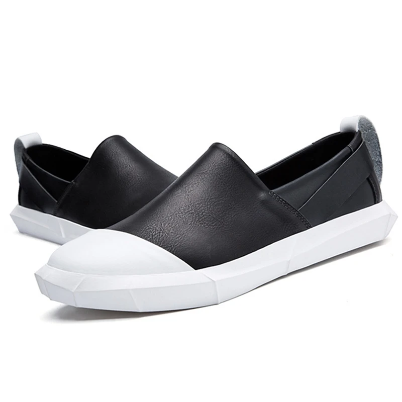 Men Casual Shoes Loafers Round Toe Slip-on Flat Skate Fashion Black&ampwhite Student Male Footwear Leather Zapatos De Hombre | Обувь