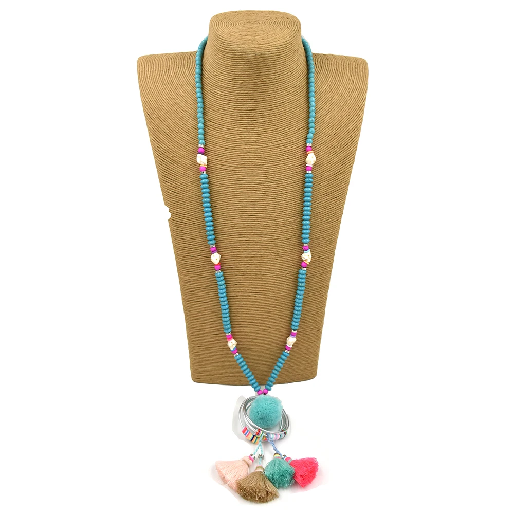 Женское длинное ожерелье с бахромой и помпонами розового цвета|long necklace|necklace