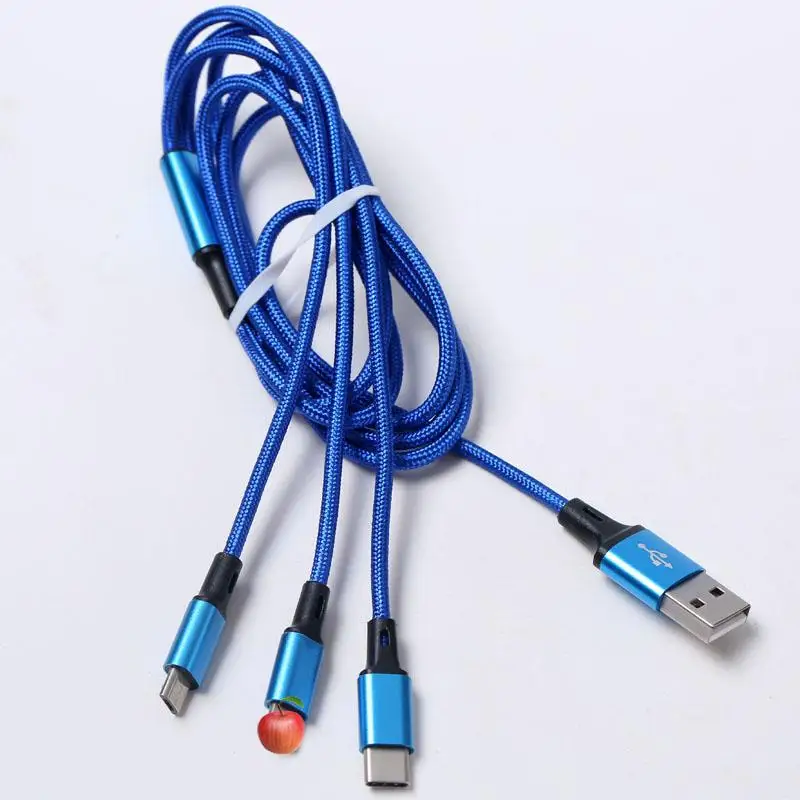 Многофункциональный usb-кабель 3 в 1, кабель для быстрой зарядки с оплеткой А, три в одном, кабели питания для мобильных телефонов - Цвет: Синий