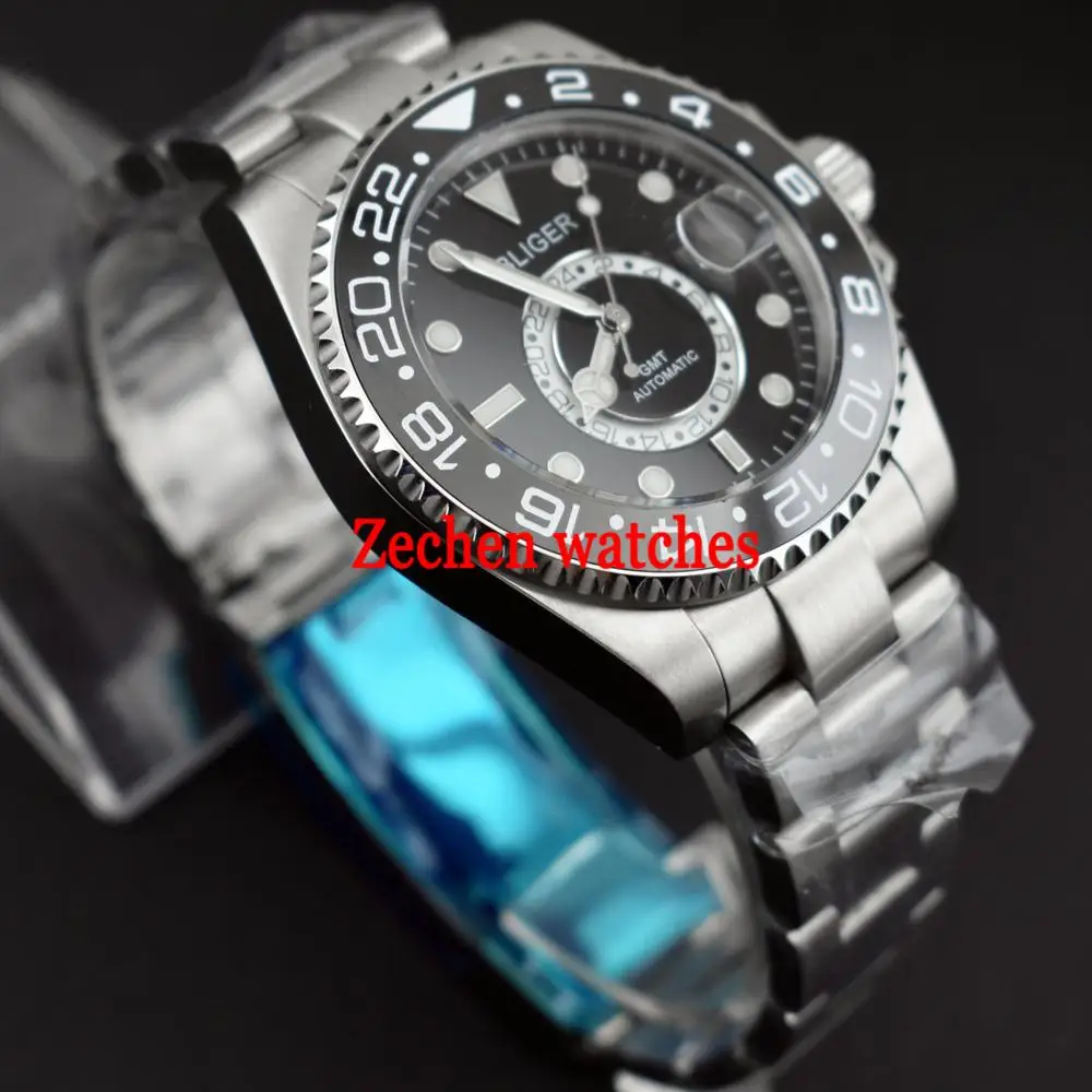 Bliger new 43mm Titanium Bezel GMT Black Sapphire Glass Luminous Hands Automatic Self-Wind Day Men's Watch | Наручные часы
