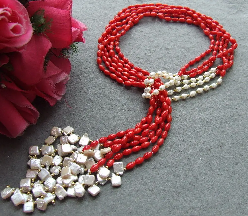 

Women's 51" 3 Strands Keshi Pearl Coral Necklace