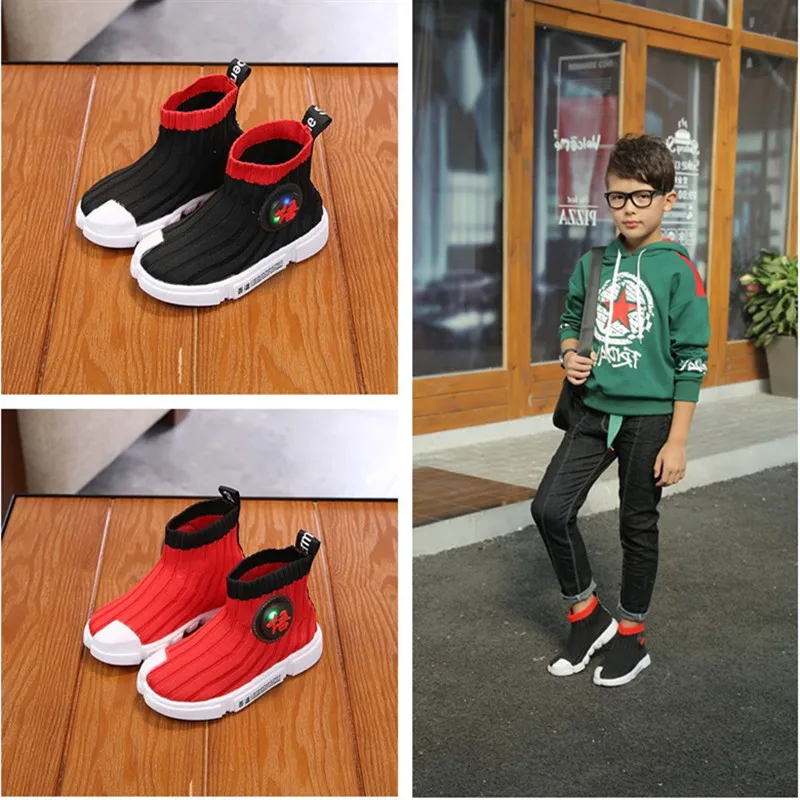 CNFSNJ brand Autumn winter Children's High Top Trainers Shoe Knitted Stocking Boots for Kid Baby Boy Girl Fashion LED Sneakers | Детская