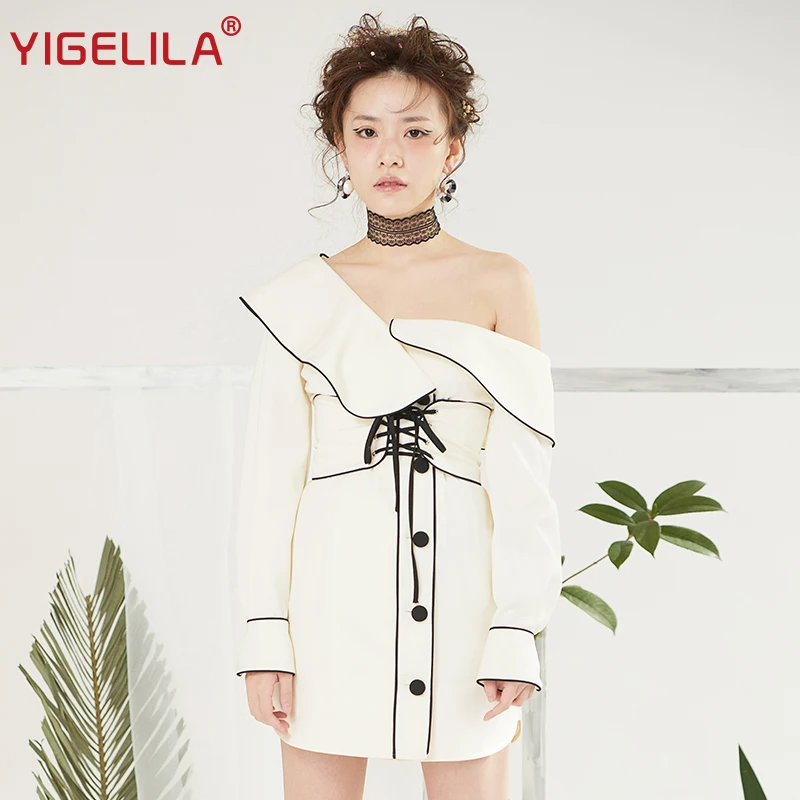 YIGELILA 2019 Весна для женщин Белый одно плечо платье модные элегантные длинный рукав