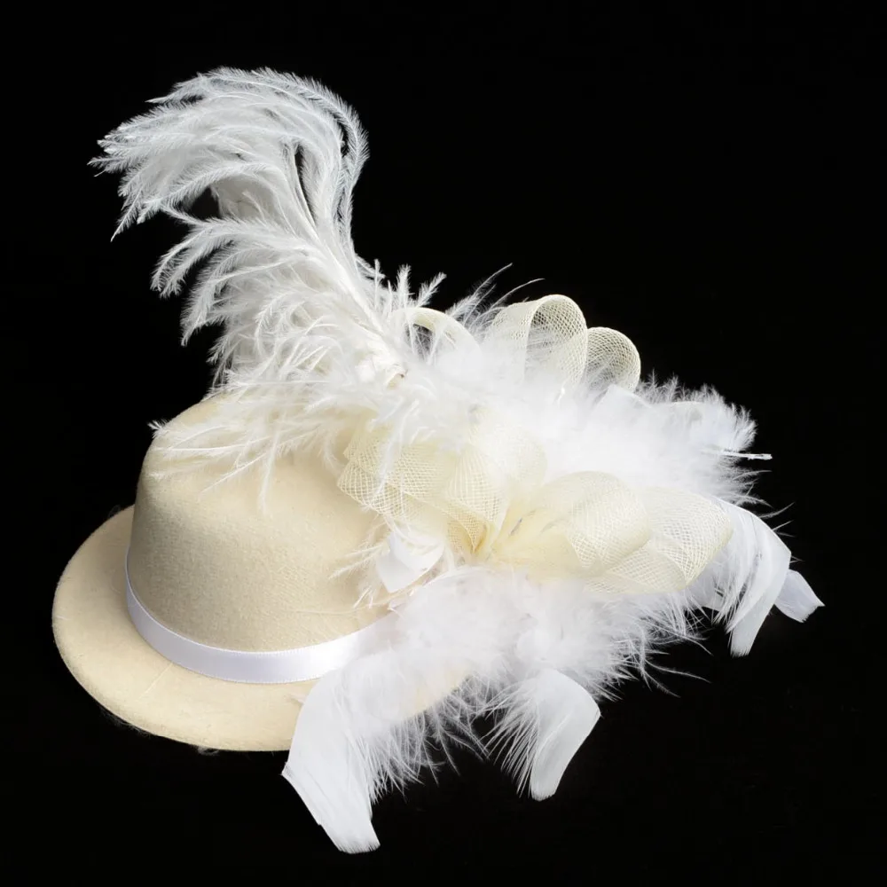 New Solid Cream Feather Mini Top Hat Organza Mesh Hair Clip Fascinator Wedding Bridal Party Brides Accessories for women |