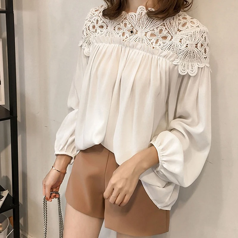 Рубашки с круглым вырезом и рукавами-фонариками элегантные блузки Женская