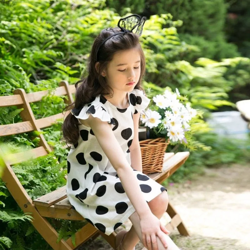 Dot Sweet Fly Sleeve Girls Dress Teens Kids Cotton Dresses Teenage Girl Party Frocks 6 8 10 12 14 Yrs Summer Children Clothing | Детская