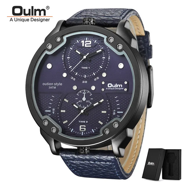 C3(with box) Oulm, большие часы, мужские, несколько часовых поясов, спортивные, кварцевые часы, мужские, повседневные, кожа, люксовый бренд, мужские, Wriswatch, relogio masculino - Цвет: C3(with box)