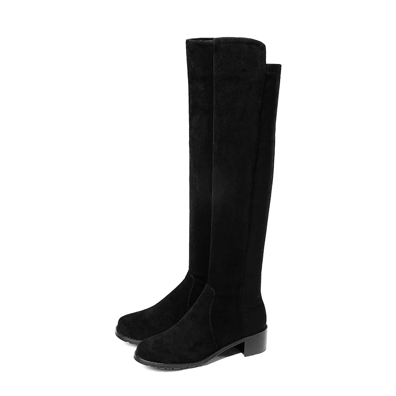Smirnova black fashion autumn winter boots women round toe knee high med heels stretch fabric+cow leather big size | Обувь