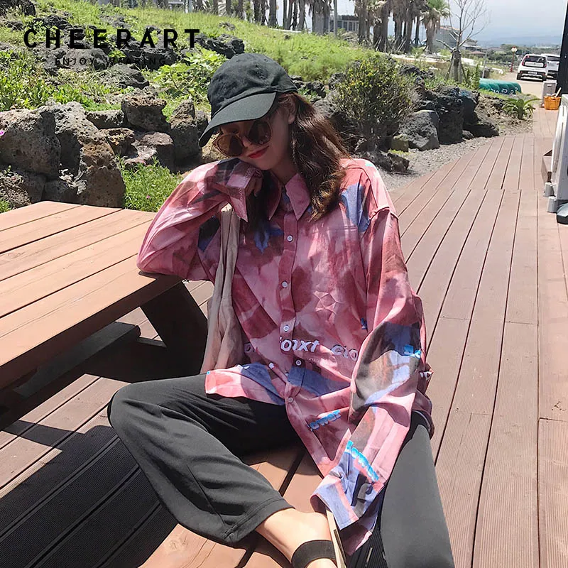Cheerart Autumn 2018 Long Floral Blouse Sleeve Shirt Loose Pink Top Button Down For Women Korean Fashion Clothing | Женская одежда