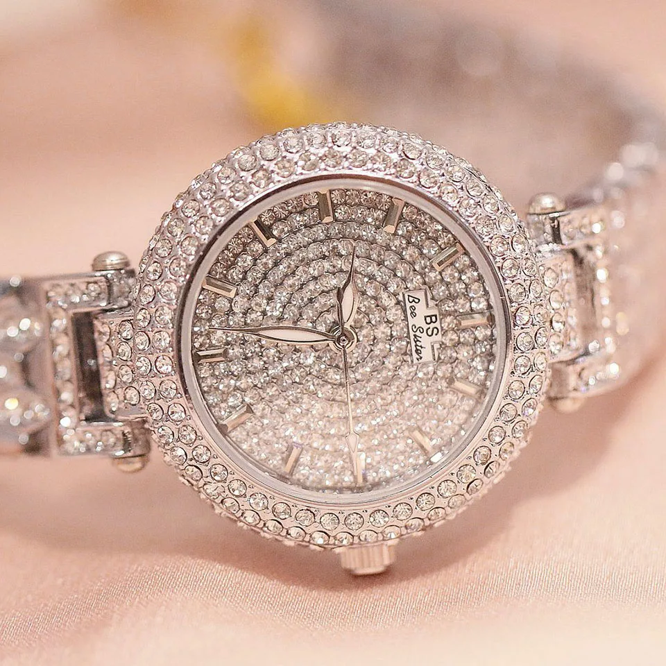 Часы женские кварцевые с кристаллами алмаза серебристые 2019|Женские наручные