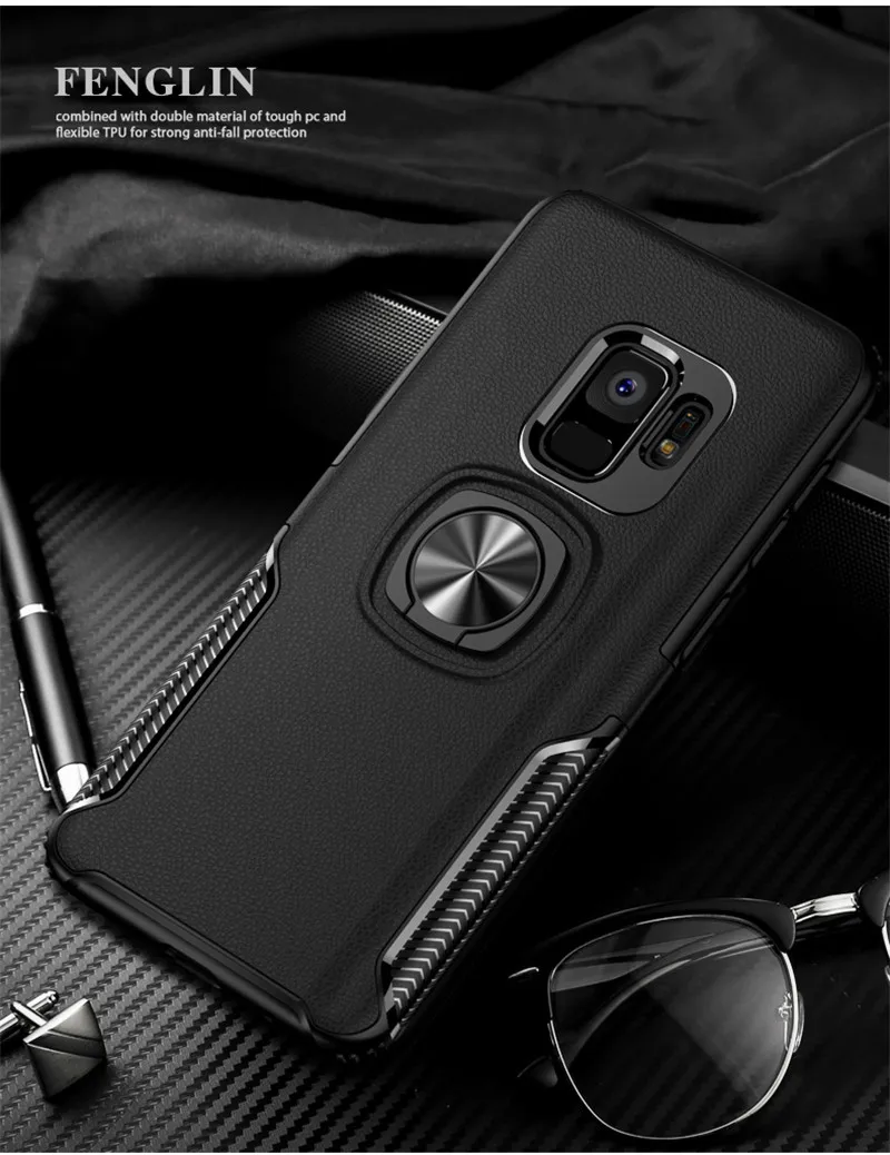 Кожаный чехол-подставка с текстурой для samsung Galaxy S9, S8, S10 Plus, Note 10, 9, 8, кольцевой держатель, Магнитный защитный чехол для J4, J6, J8, A8