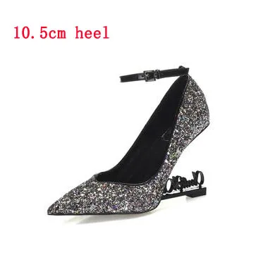 Prova Perfetto bling sequines; женские туфли-лодочки с острым носком в необычном стиле; обувь на высоком каблуке с ремешком на щиколотке; женские Вечерние и свадебные туфли - Цвет: black 10.5cm heel